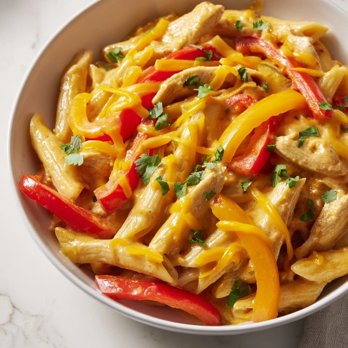 A vibrant skillet of Chicken Fajita Pasta featuring tender chicken strips, colorful peppers, and onions in a creamy sauce, topped with melted cheese.  