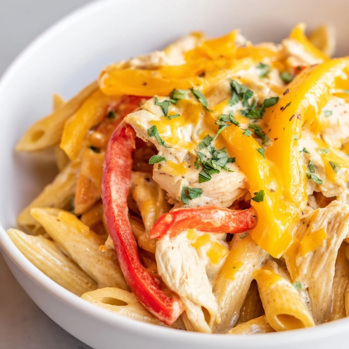 This one-pan Chicken Fajita Pasta Skillet combines juicy chicken, sautéed bell peppers, and penne in a zesty Tex-Mex sauce garnished with fresh cilantro.  