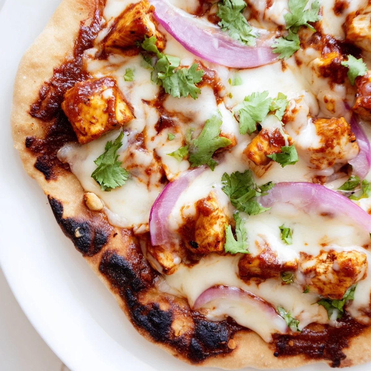Freshly baked BBQ Chicken Flatbread with melted mozzarella and tangy BBQ sauce drizzle.