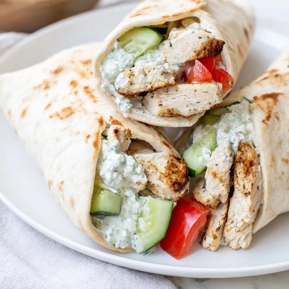 Juicy grilled chicken, crisp veggies, and creamy tzatziki wrapped in a warm pita for this Greek Chicken Wrap.