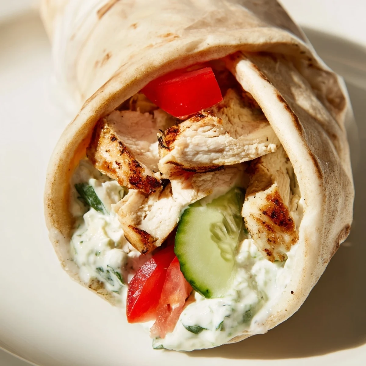 A freshly assembled Greek Chicken Wrap cut in half, showcasing layers of grilled chicken, fresh vegetables, and tangy tzatziki sauce.