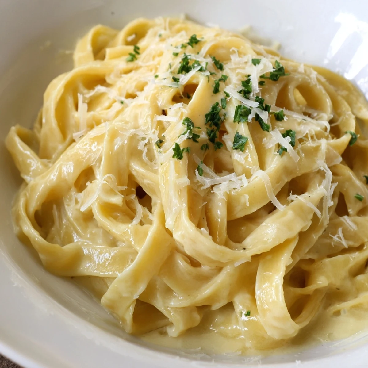 Creamy Roasted Garlic Cream Pasta twirls on a fork, showcasing velvety sauce clinging to al dente fettuccine noodles.