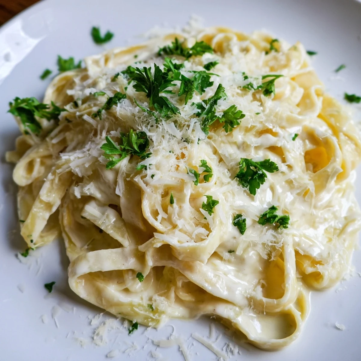 Savory Roasted Garlic Cream Pasta is served hot, garnished with fresh parsley and a generous dusting of Parmesan.