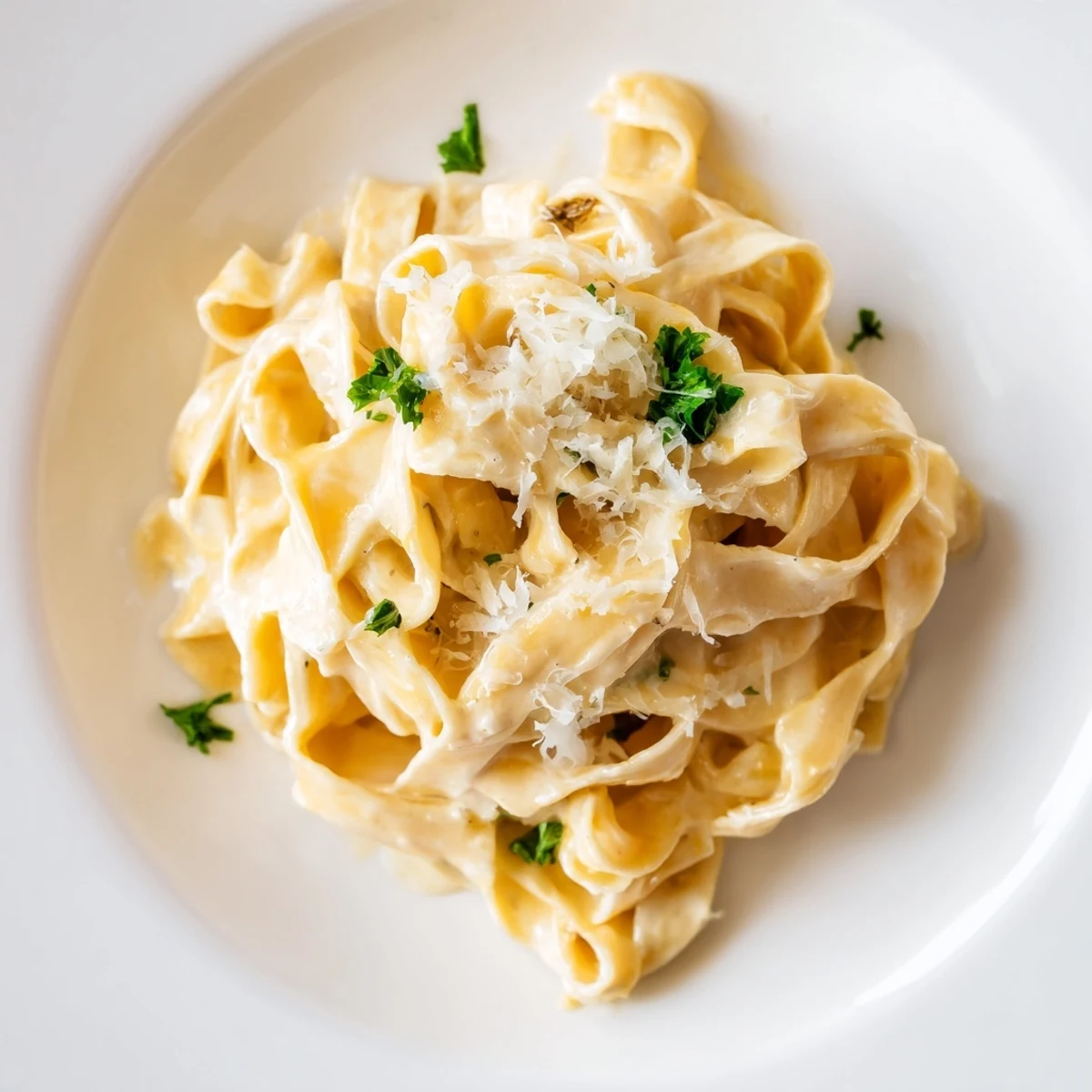Plate of Roasted Garlic Cream Pasta with a golden, roasted garlic clove resting beside the creamy, inviting noodles.