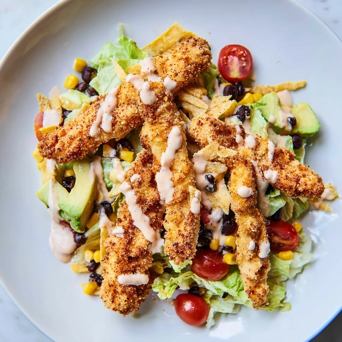 Golden-brown crispy chicken strips rest on a bed of romaine lettuce with black beans, corn, and tortilla strips, drizzled with creamy salsa ranch dressing.