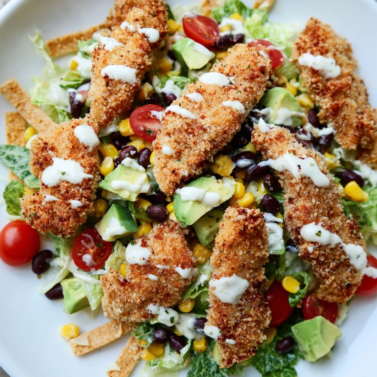 Sizzling spiced crispy chicken topped salad with red onions and crunchy tortilla strips, served ready to eat with a side of salsa ranch.