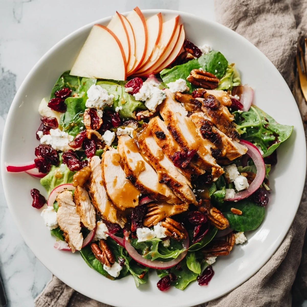 Fresh slices of crisp Honeycrisp apples and tender chicken rest on mixed greens, drizzled with a golden caramel-pecan dressing.