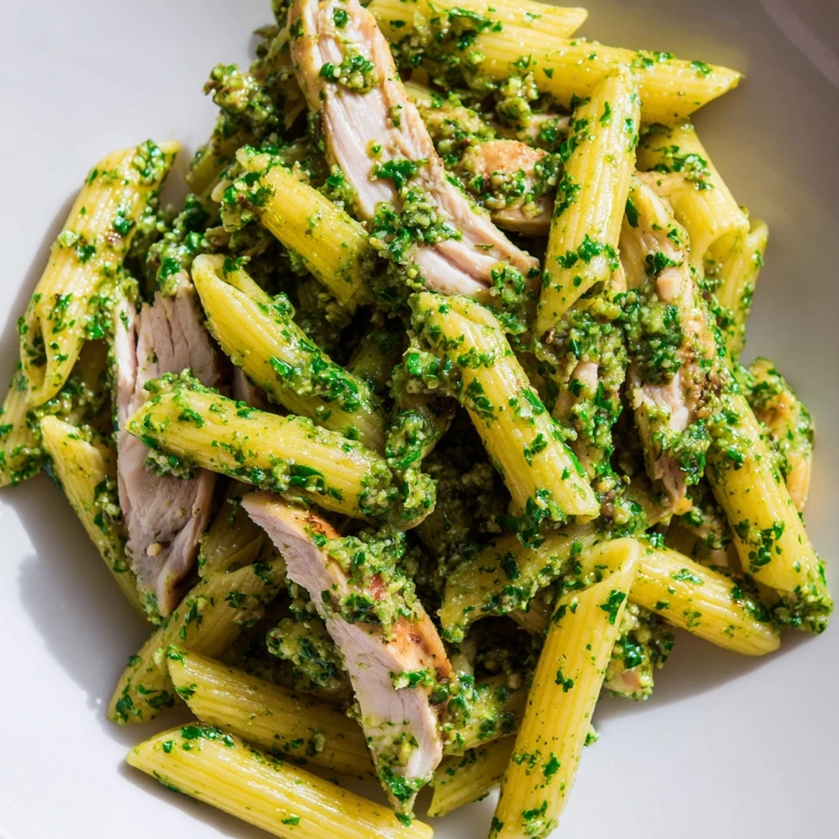 A serving of chimichurri chicken pasta on a dark plate, garnished with fresh parsley and a lemon wedge for a zesty finish.