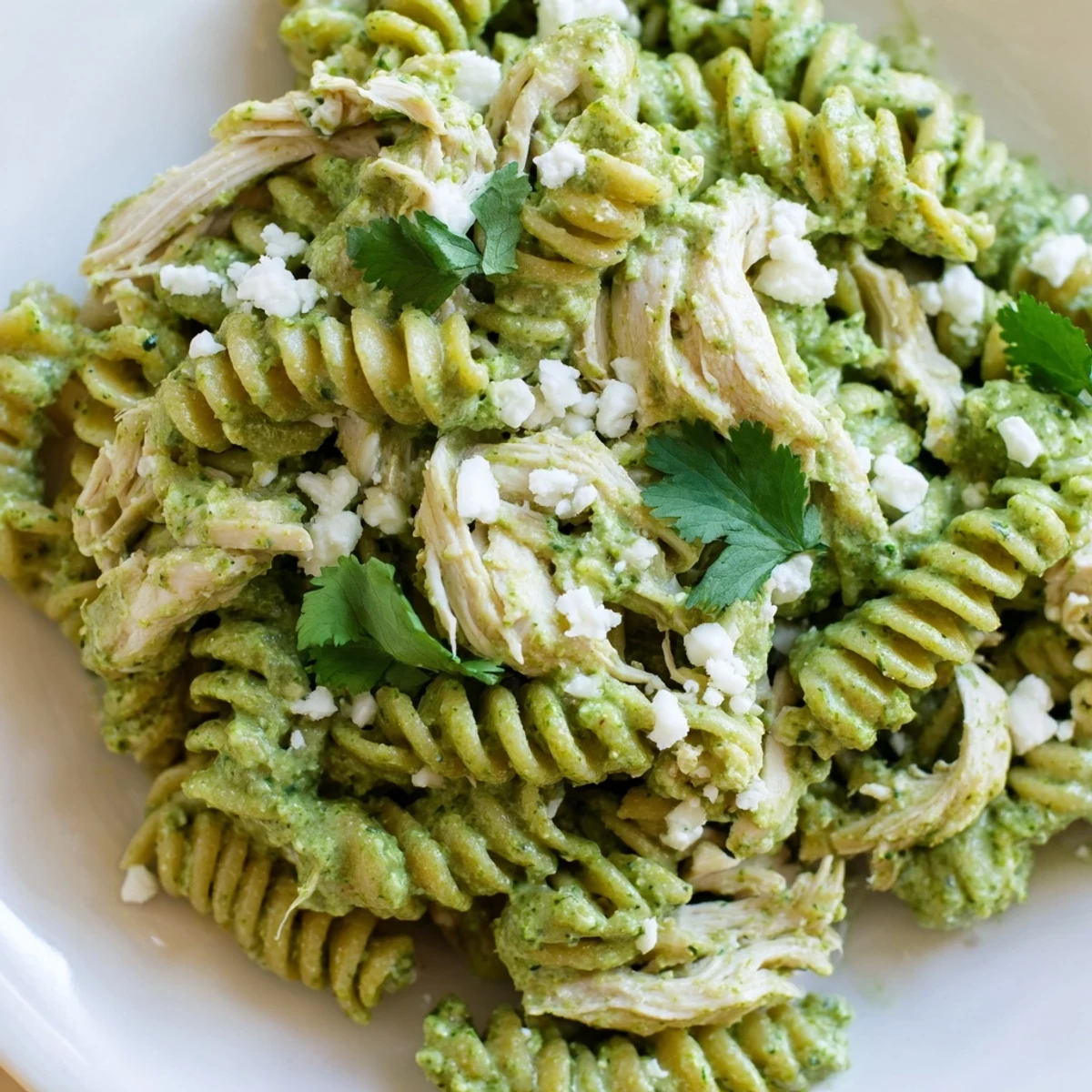 Tangy Greek yogurt sauce coats rotini and shredded chicken in this Cilantro Lime Chicken Pasta, ready to be served with crumbled cotija.