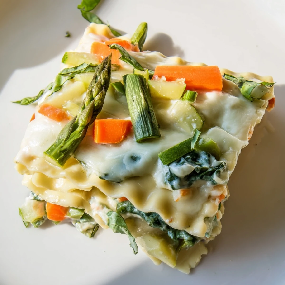 Golden-brown Spring Veggie Alfredo Lasagna fresh from the oven, bubbling with creamy sauce and vibrant green asparagus, spinach, and snap peas.