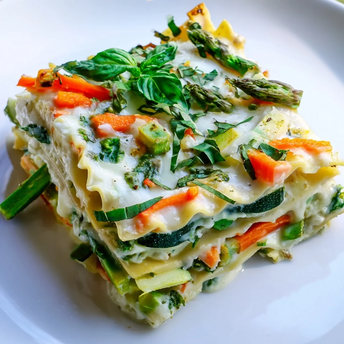 Layers of tender no-boil noodles, ricotta, and sautéed spring vegetables in a light Alfredo sauce, ready to slice for a hearty vegetarian dinner.
