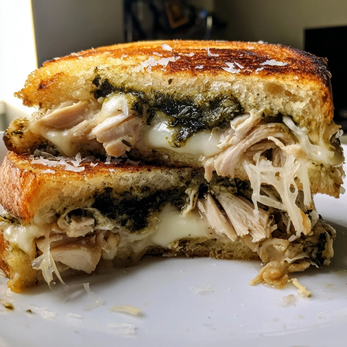 Toasted Mozzarella Pesto Chicken Grilled Cheese cut diagonally, revealing juicy chicken and gooey cheese layers.