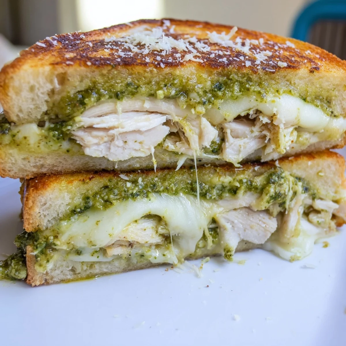 Freshly made Mozzarella Pesto Chicken Grilled Cheese served hot, with melted mozzarella and basil pesto.
