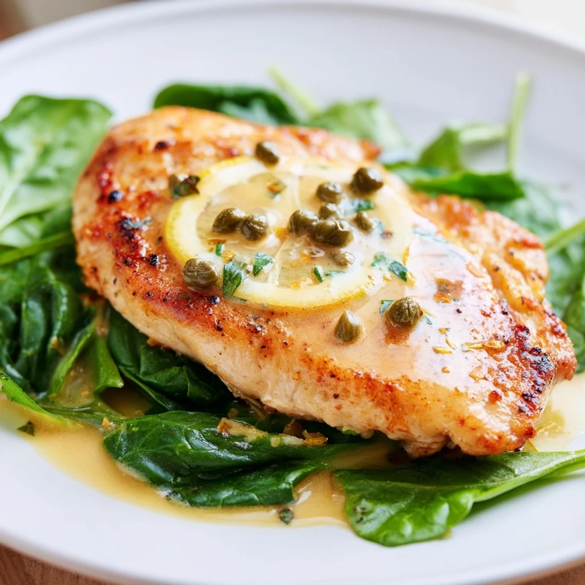 Tender chicken cutlets with golden sear in a bright lemon butter sauce, served over wilted spinach for a vibrant plate of Spinach Lemon Butter Chicken.