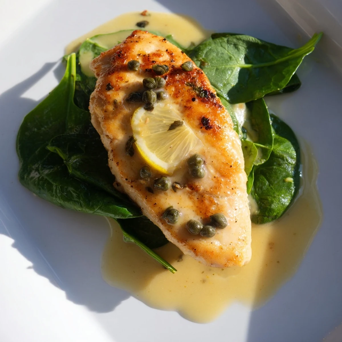 Close-up of Spinach Lemon Butter Chicken revealing silky lemon-butter glaze, tender meat, and glistening wilted spinach, promising a flavorful American-European fusion dinner.
