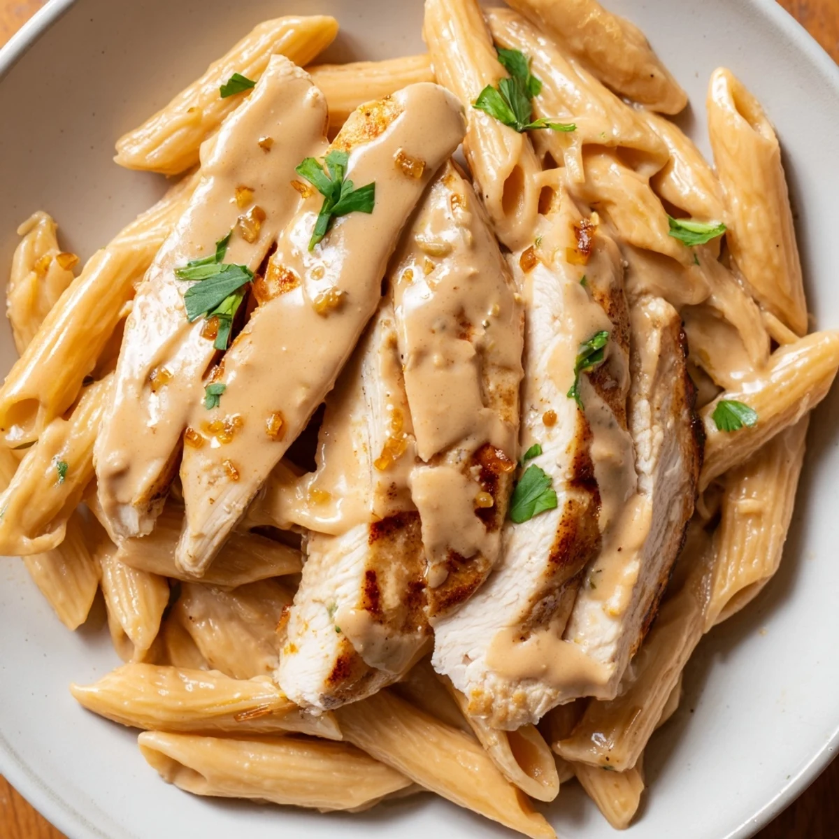 A close-up of Honey Chipotle Chicken Pasta with tender seared chicken pieces and penne coated in a creamy, reddish-orange sauce, garnished with fresh cilantro and grated Parmesan.