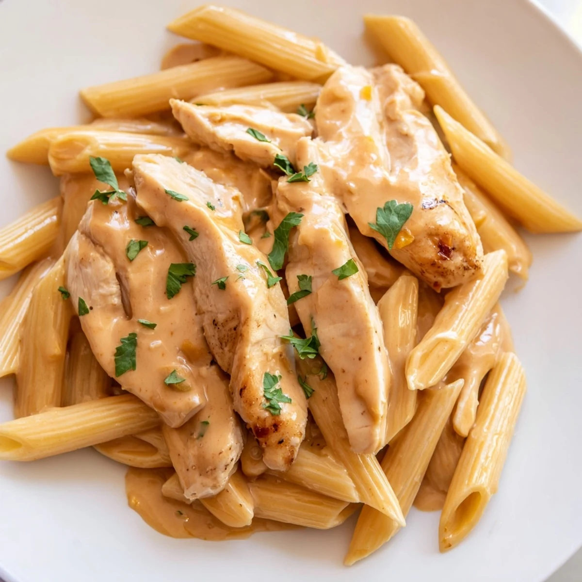Ready-to-serve Honey Chipotle Chicken Pasta in a skillet, showcasing steaming pasta with a rich, creamy chipotle-honey sauce, fresh cilantro, and a lime wedge on the side.