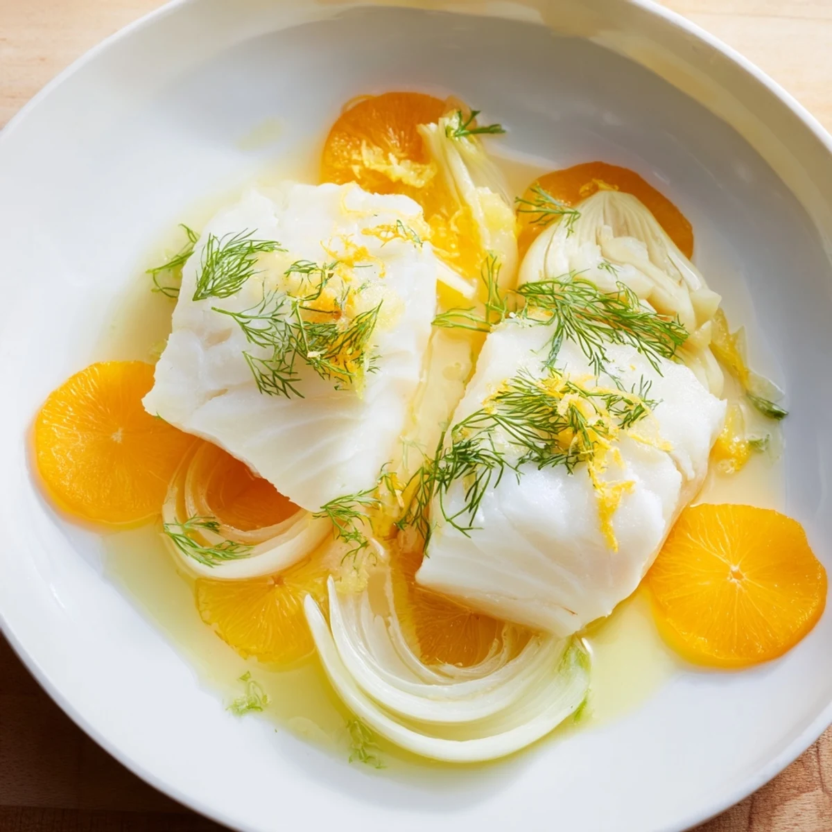 A vibrant Mediterranean poached cod and fennel dish topped with fresh orange zest and a light, aromatic broth.