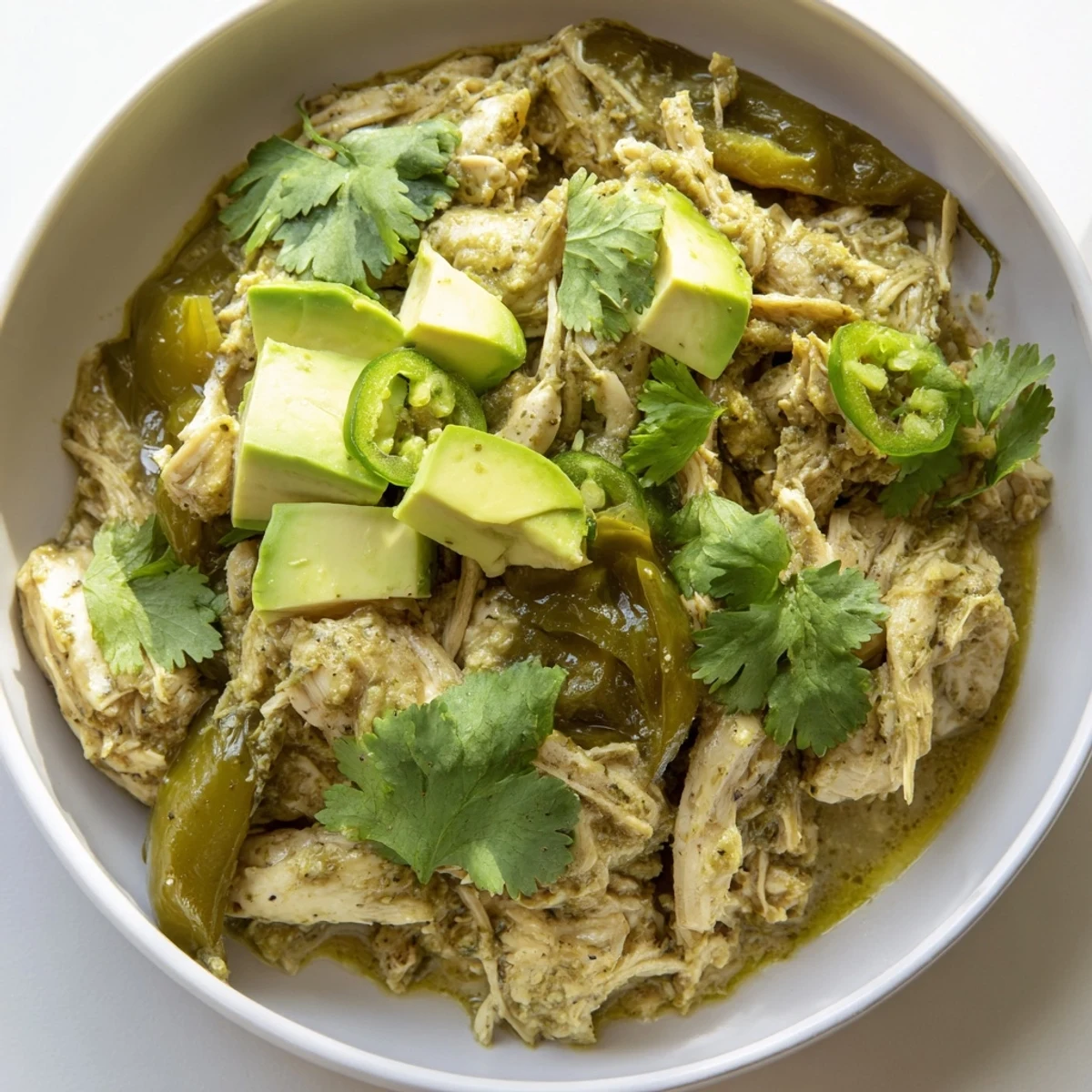 Tender shredded chicken in vibrant green chili verde, garnished with fresh cilantro, avocado, and lime wedges for a bright Mexican main dish.