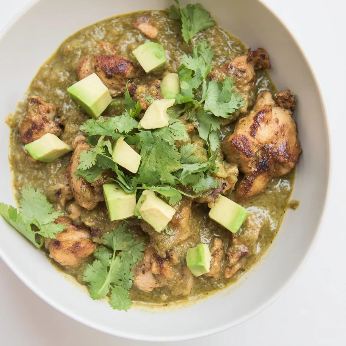Close-up of juicy Chicken Chili Verde stew served with warm tortillas, highlighting the tangy green sauce and shredded chicken texture.