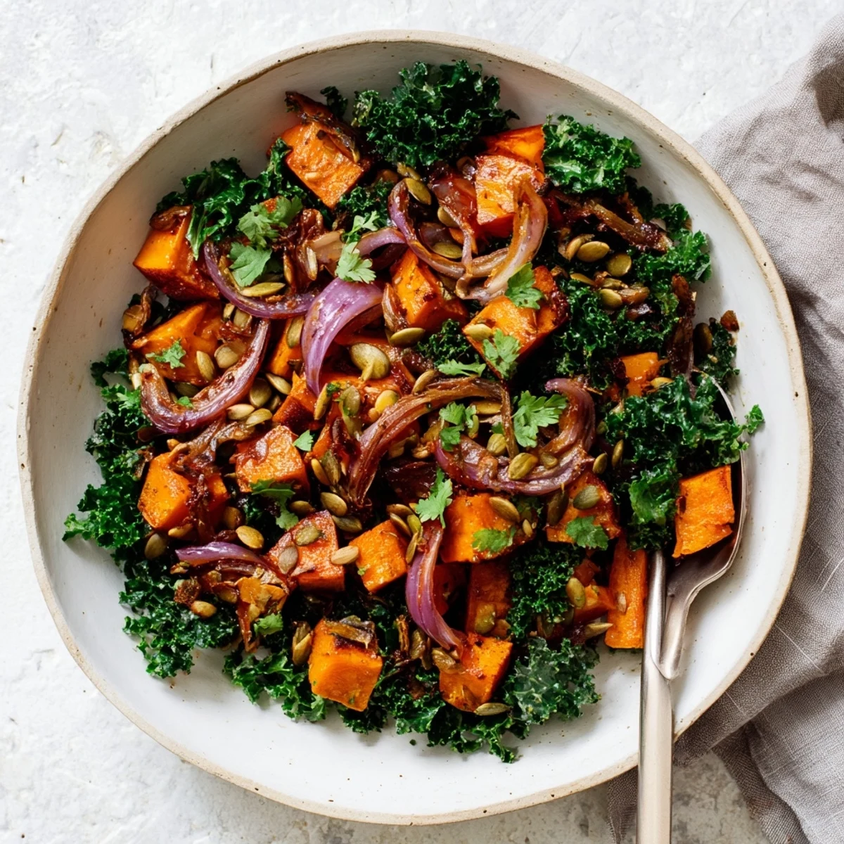 A vibrant bowl of Sweet and Spicy Red Kuri Squash, garnished with fresh cilantro, roasted pepitas, and lime wedges over fluffy quinoa.  