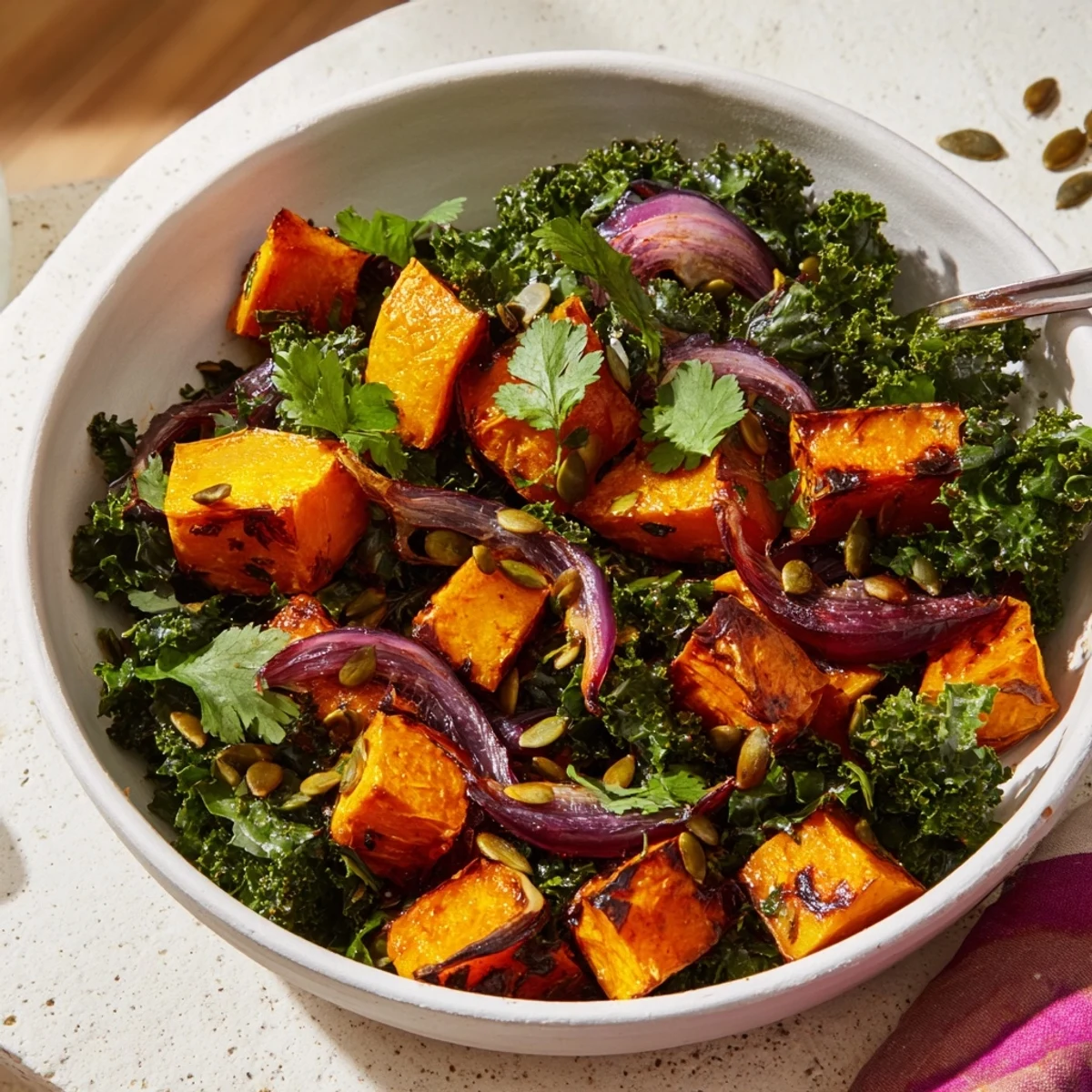 Close-up of the Sweet and Spicy Red Kuri Squash Bowl, highlighting caramelized edges of squash and vibrant spices for a cozy meal.