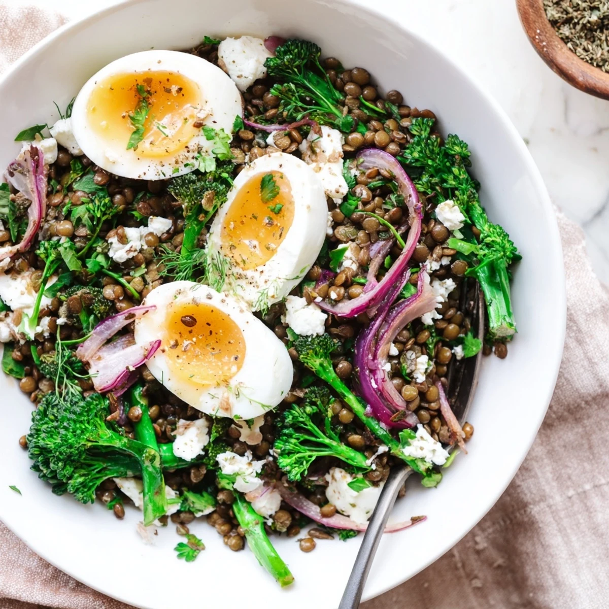 A generous drizzle of tangy Dijon vinaigrette coats the French lentil and broccolini base.