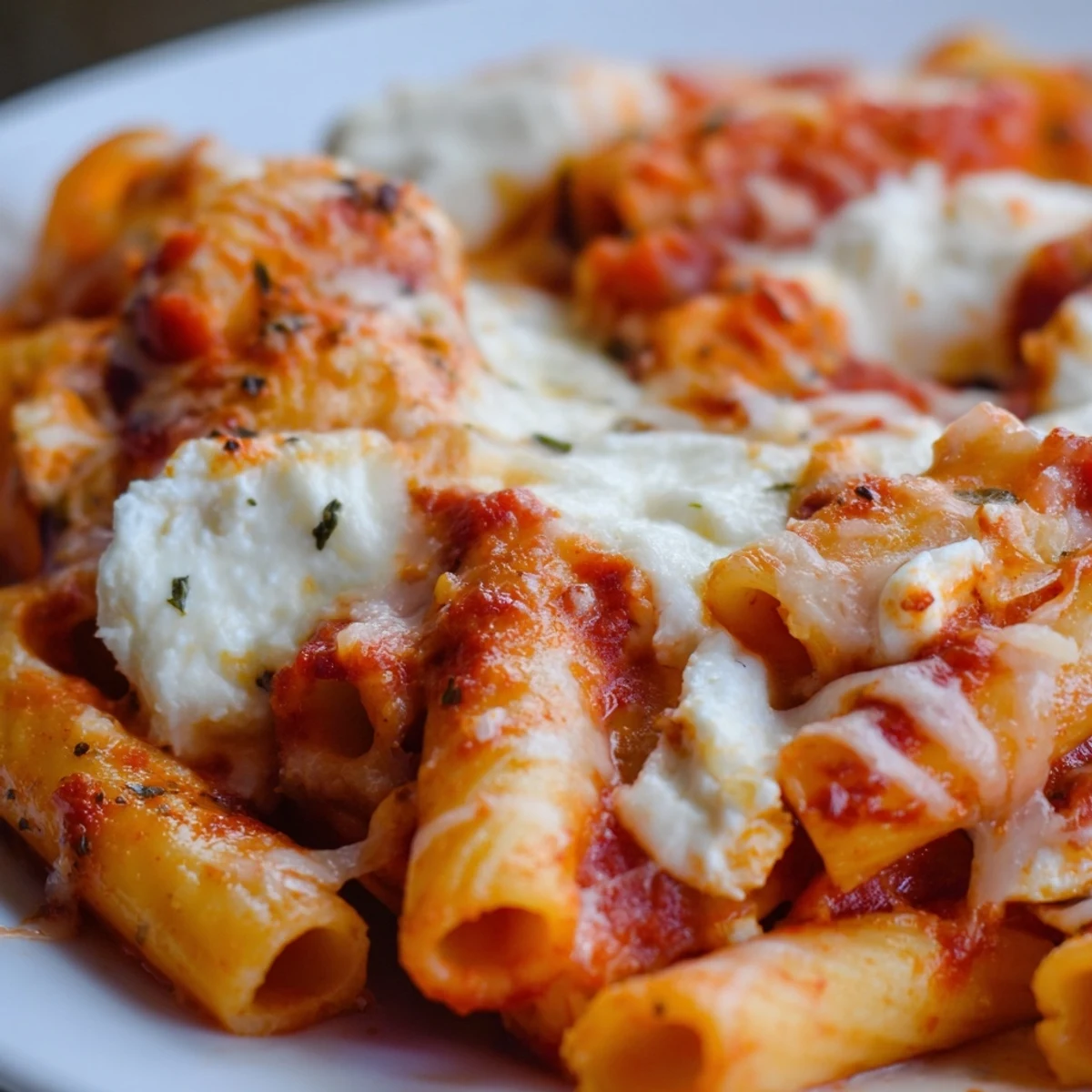 Golden, bubbly mozzarella tops a layered Freezer Make-Ahead Baked Ziti with rich tomato sauce and creamy ricotta.  