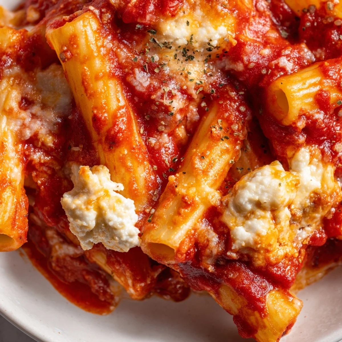 Freshly baked Freezer Make-Ahead Baked Ziti served family-style, revealing cheesy layers of pasta and savory Italian-American sauce.  