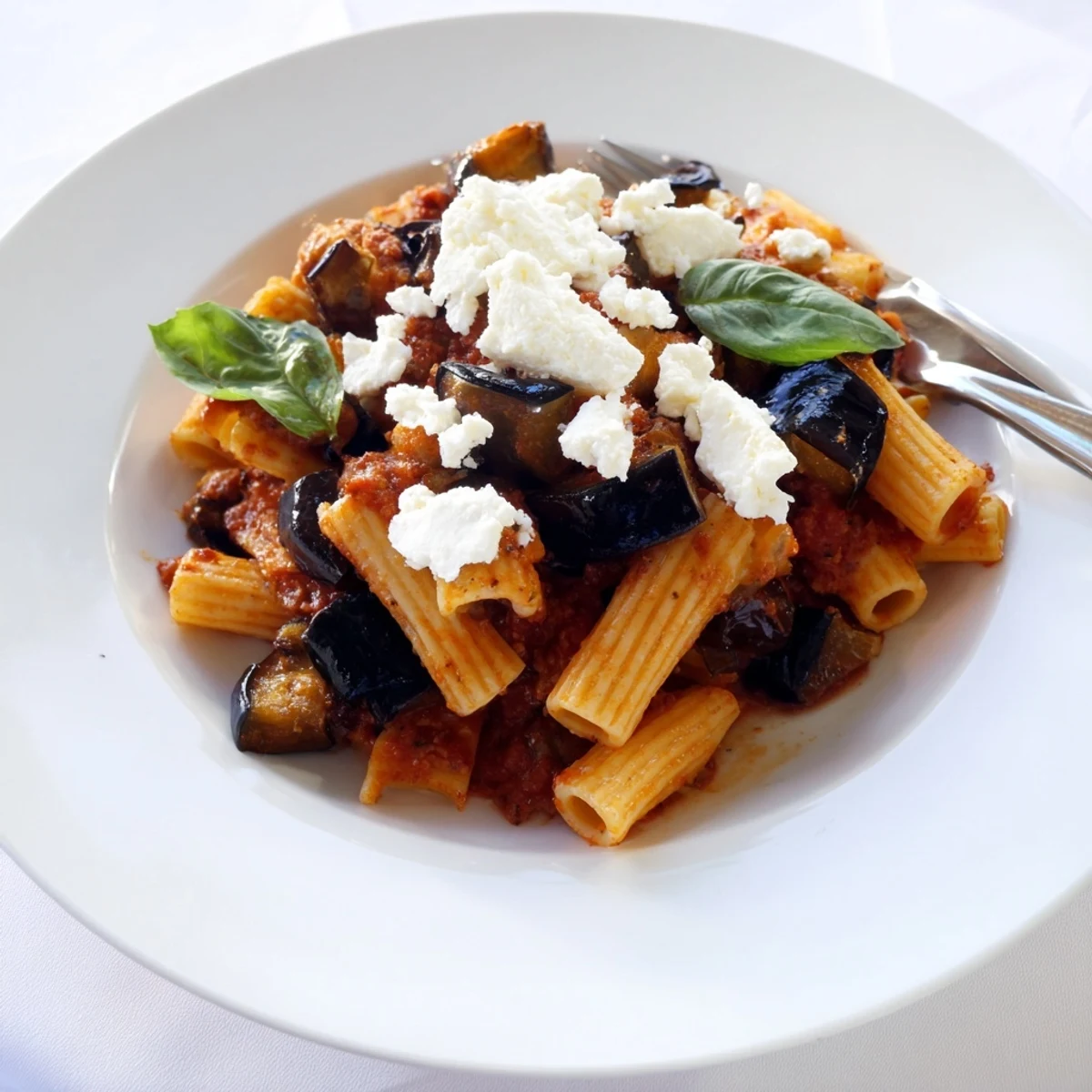 A close-up of rigatoni pasta generously coated in a vibrant red tomato sauce, topped with tender roasted eggplant cubes, fresh basil leaves, and a snowy sprinkle of ricotta salata.