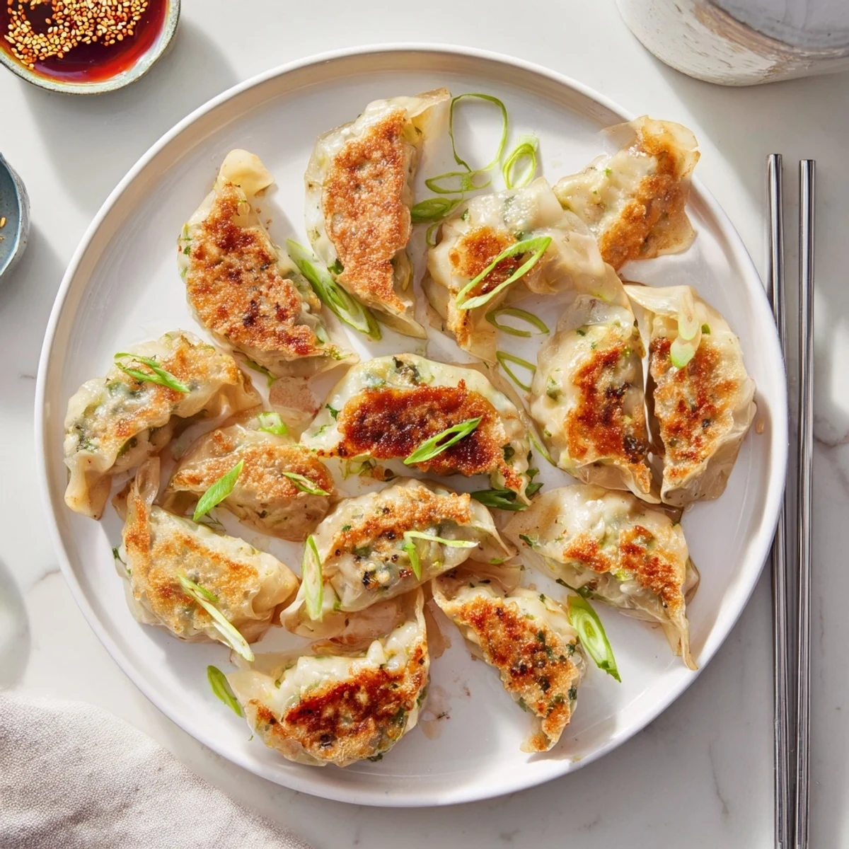 These pan-fried smashed gyozas rest on a platter, garnished with green onions and sesame seeds for a flavorful appetizer.