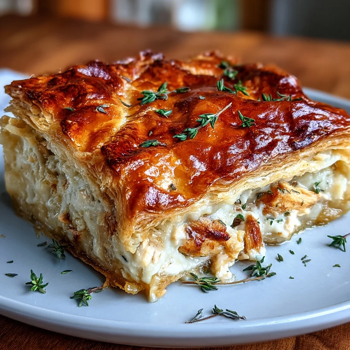 A slice of golden chicken and leek pie sits on a white plate next to a fork and buttery peas, showcasing the flaky pastry top.