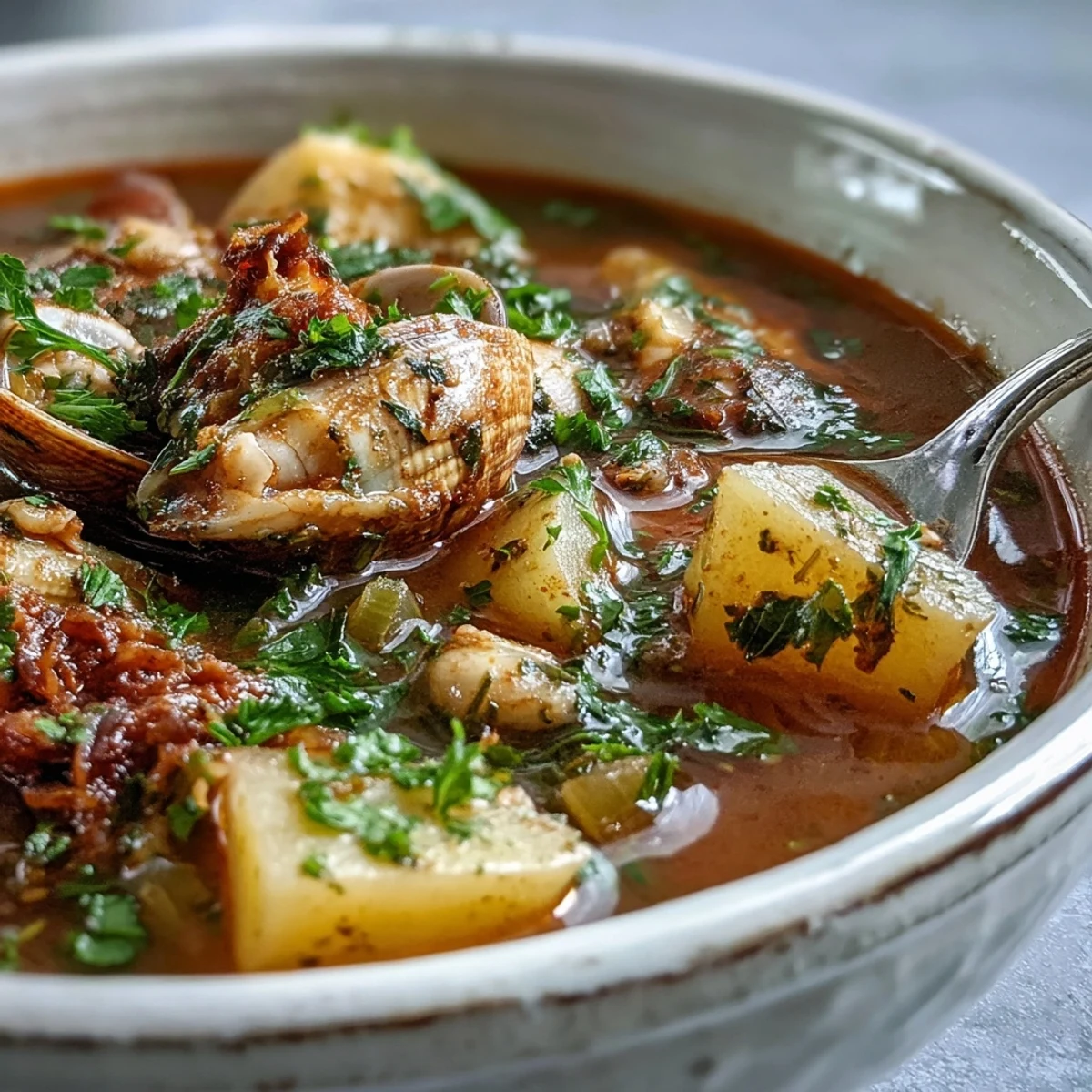 Steaming Manhattan Clam Chowder with fresh clams, diced potatoes, and aromatic vegetables in a tomato-based broth.