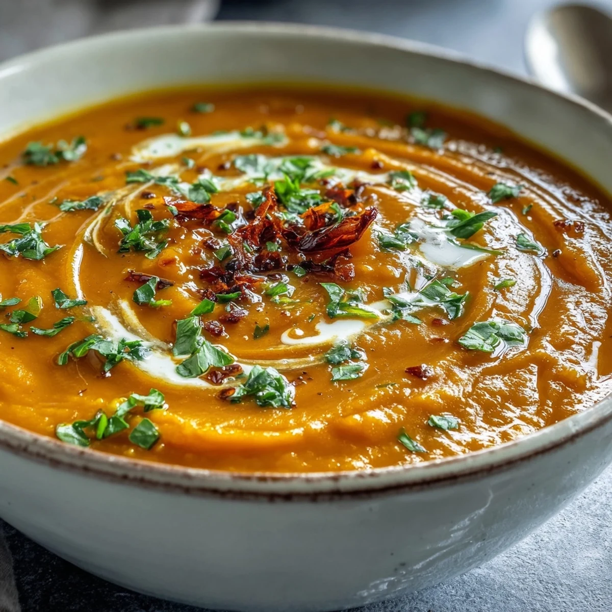 A close-up of vibrant Carrot and Lentil Soup in a rustic bowl, garnished with fresh cilantro and a swirl of creamy coconut milk.  