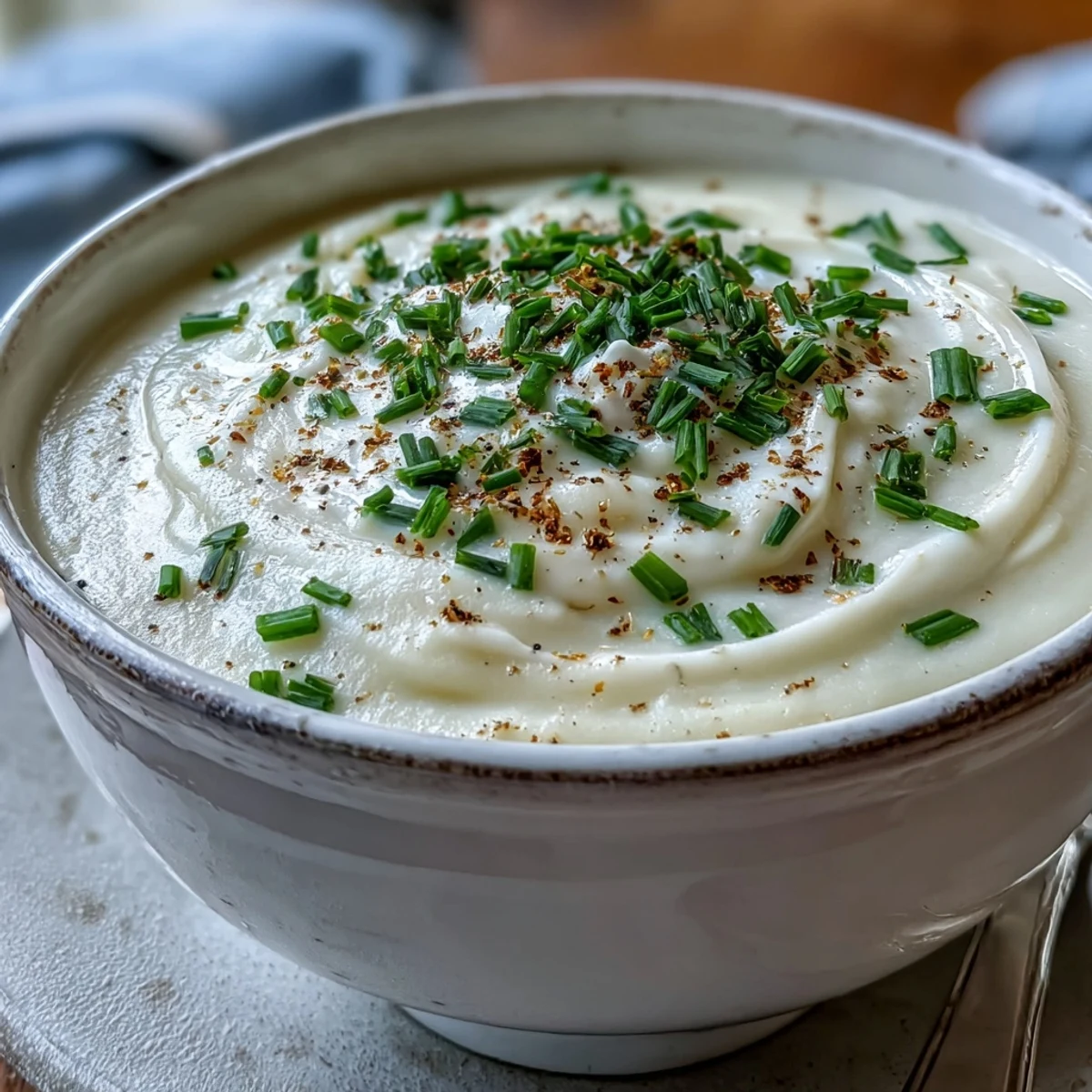 Creamy Cream of Potato Soup in a rustic bowl, topped with fresh chives and shredded cheddar.