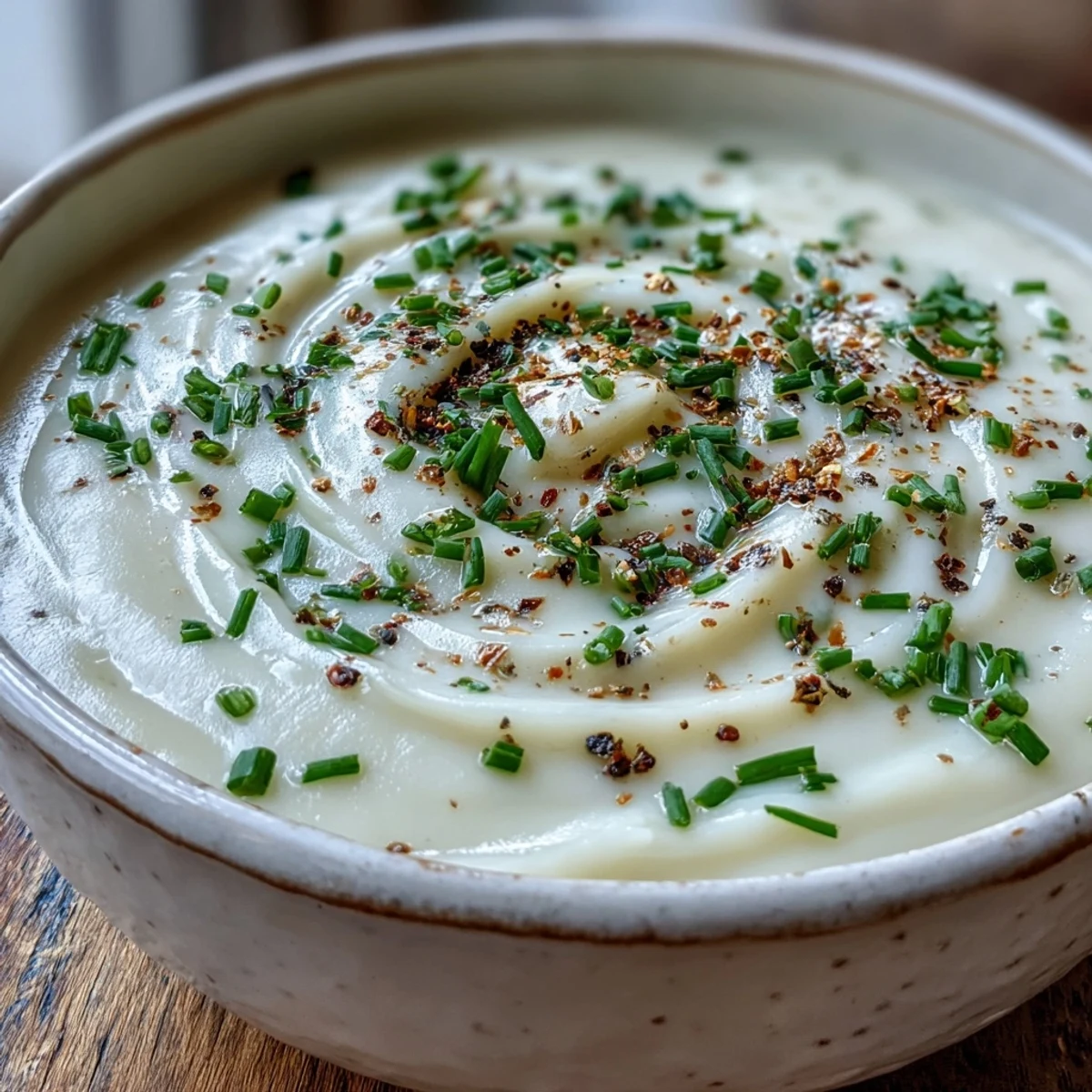 Velvety Cream of Potato Soup simmering in a pot, with diced potatoes, carrots, and celery.