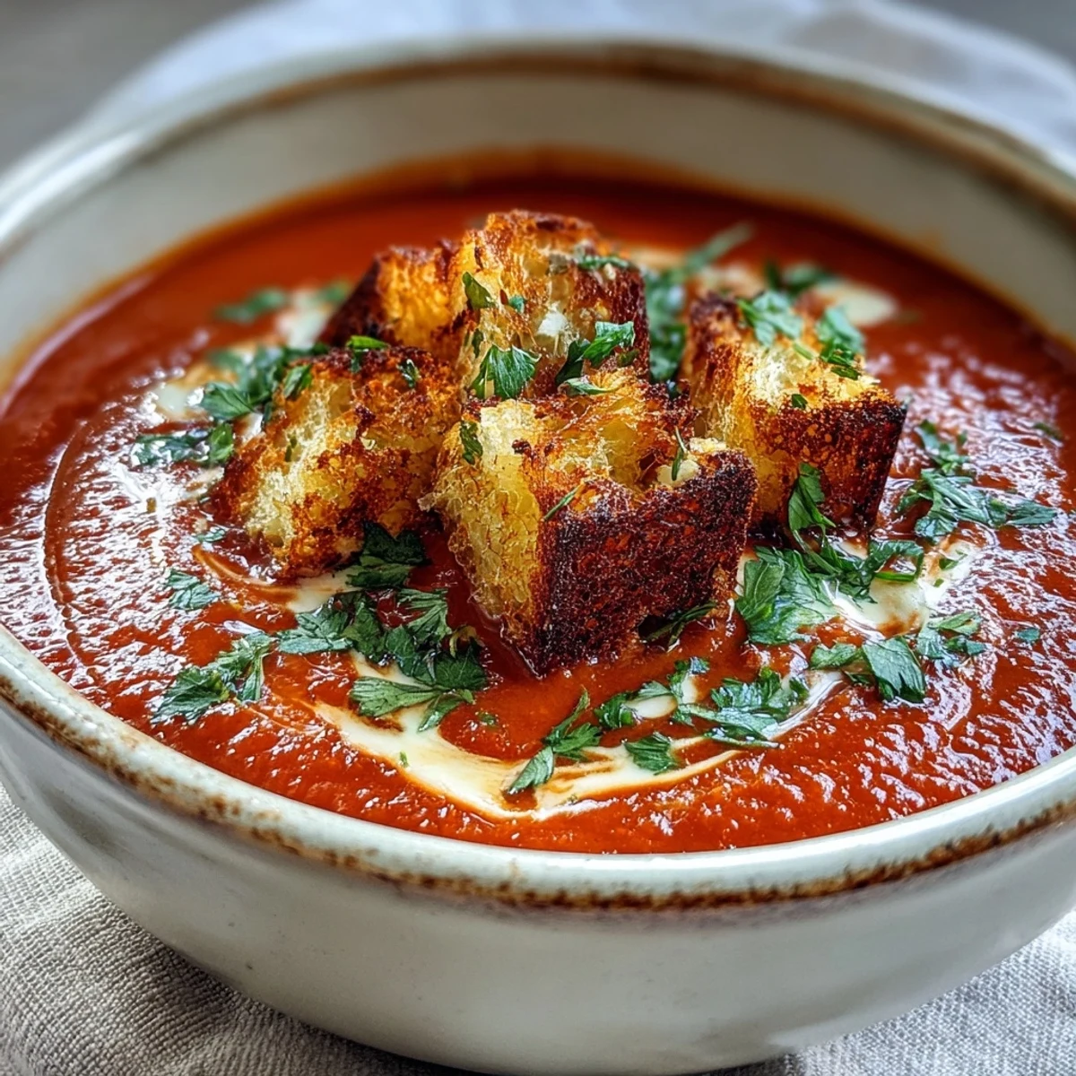 A bowl of roasted red pepper soup garnished with crispy croutons and fresh parsley, ready to serve.