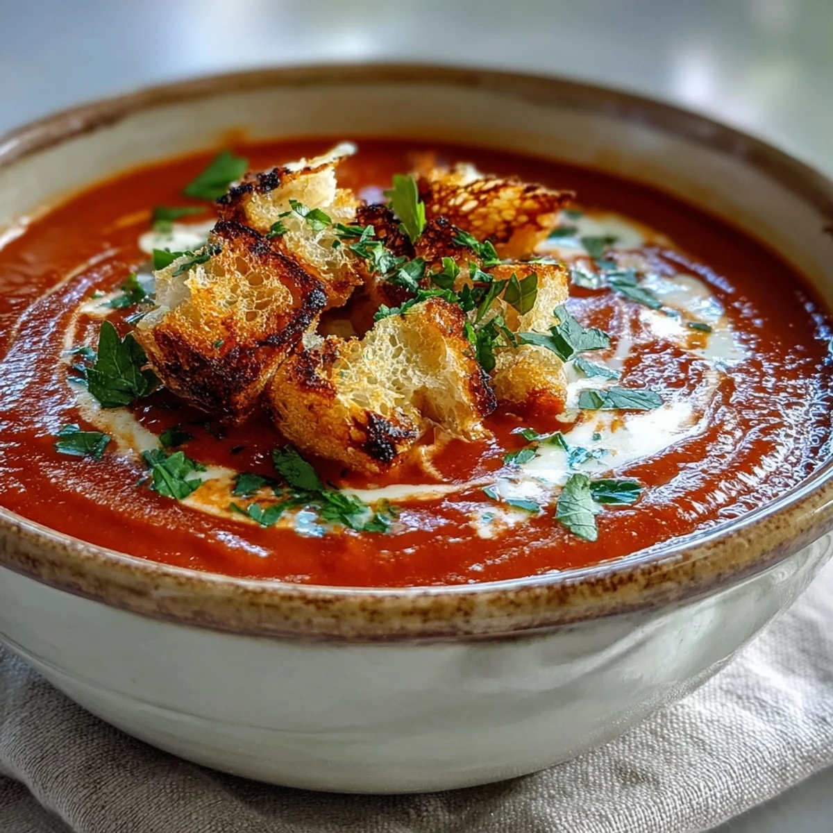 Roasted red pepper soup with crispy croutons, showing a vibrant red color and a garnish of harissa swirl.