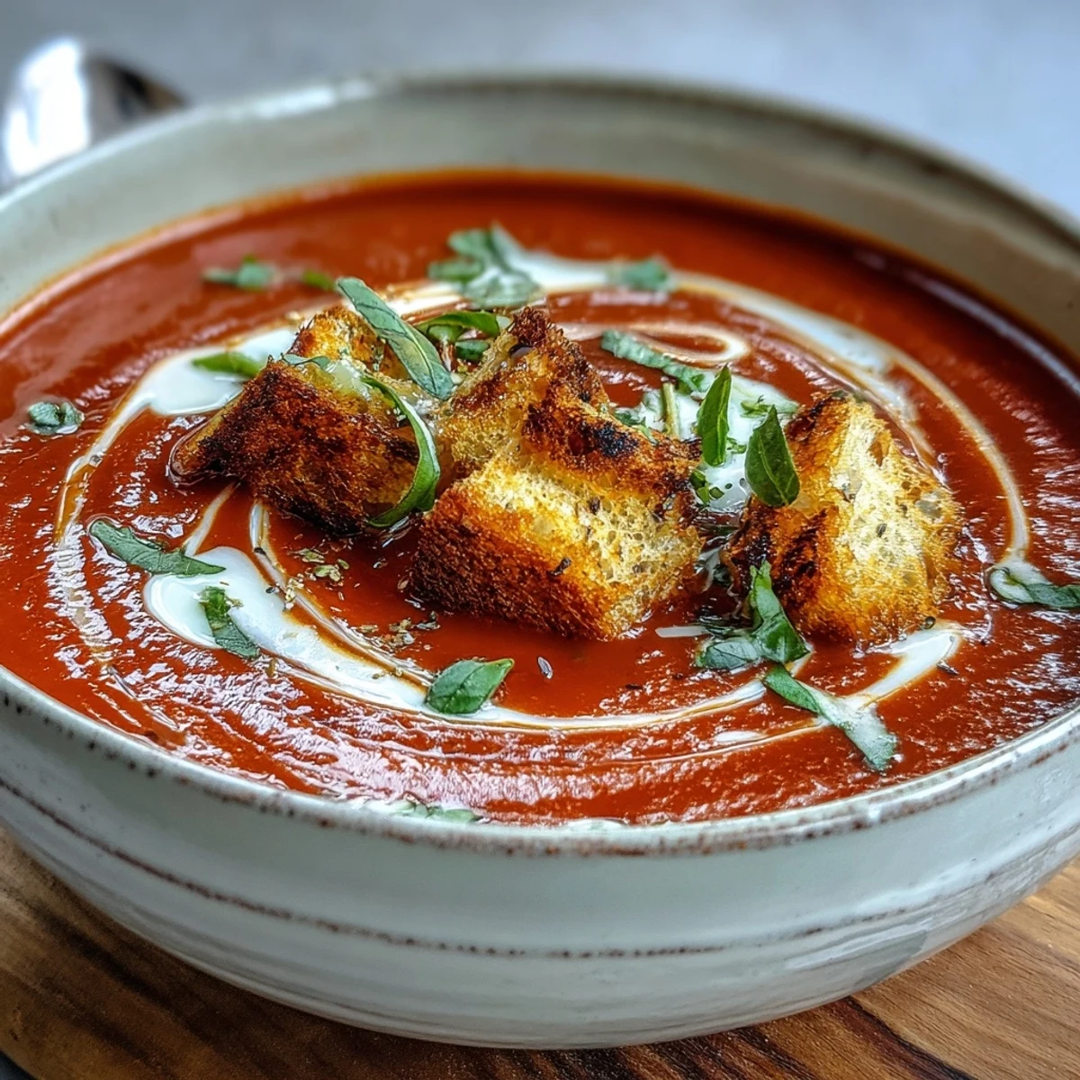 Creamy roasted tomato soup with a swirl of cream and crisp homemade croutons on top.