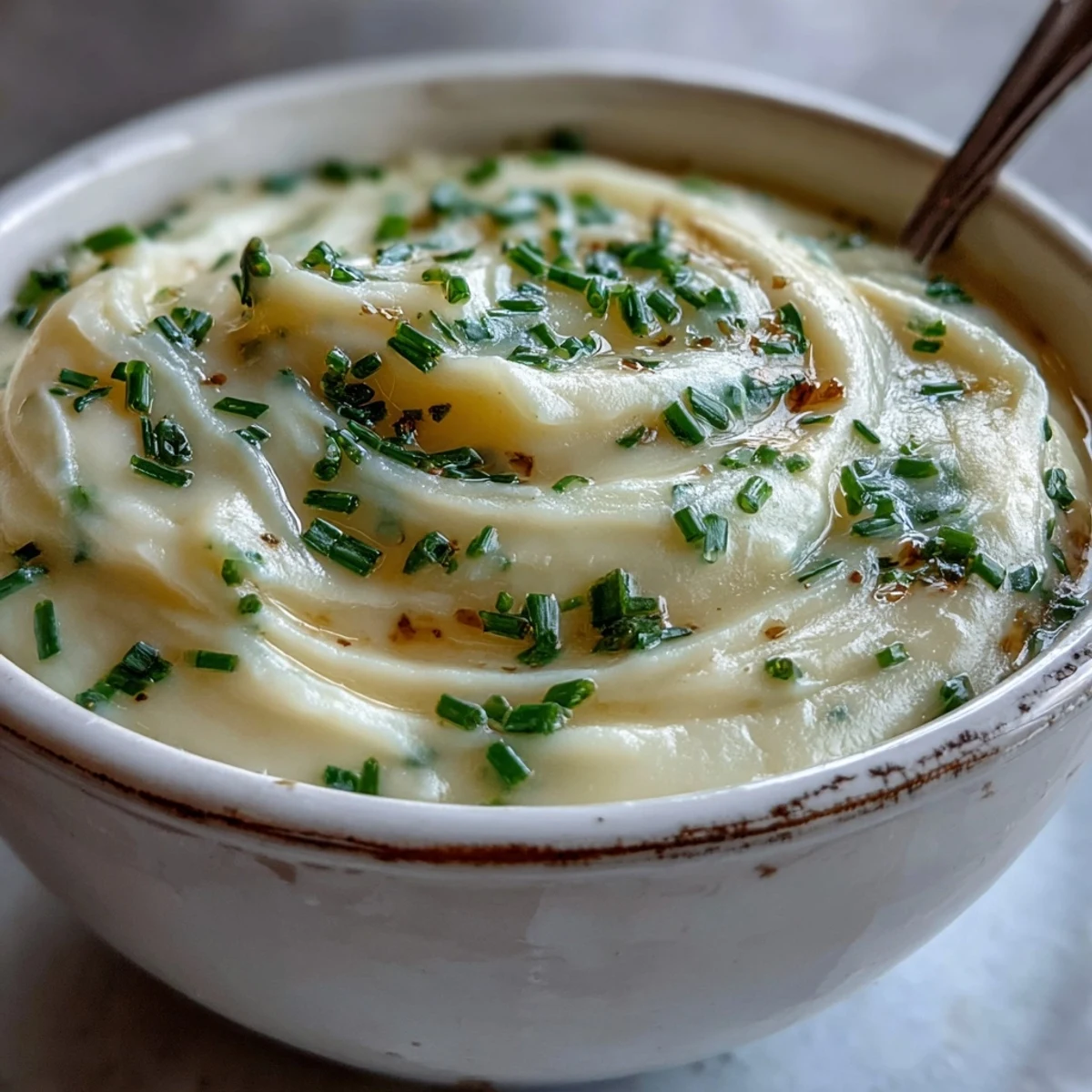 Steaming bowl of velvety potato leek soup with a drizzle of olive oil and herbs.