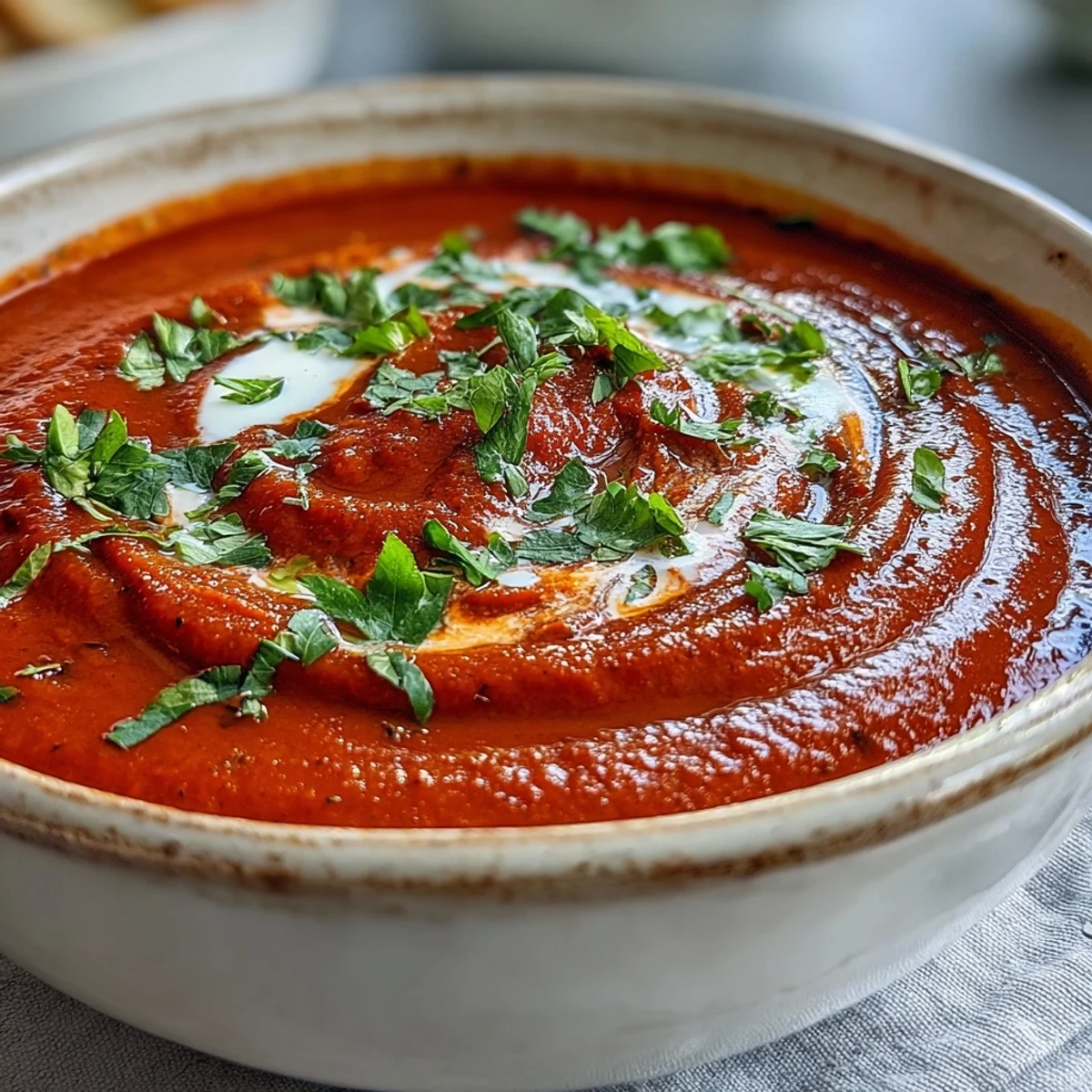 A ladle of steaming Roasted Red Pepper Soup hovers over the pot, revealing a velvety texture with hints of roasted garlic and paprika.