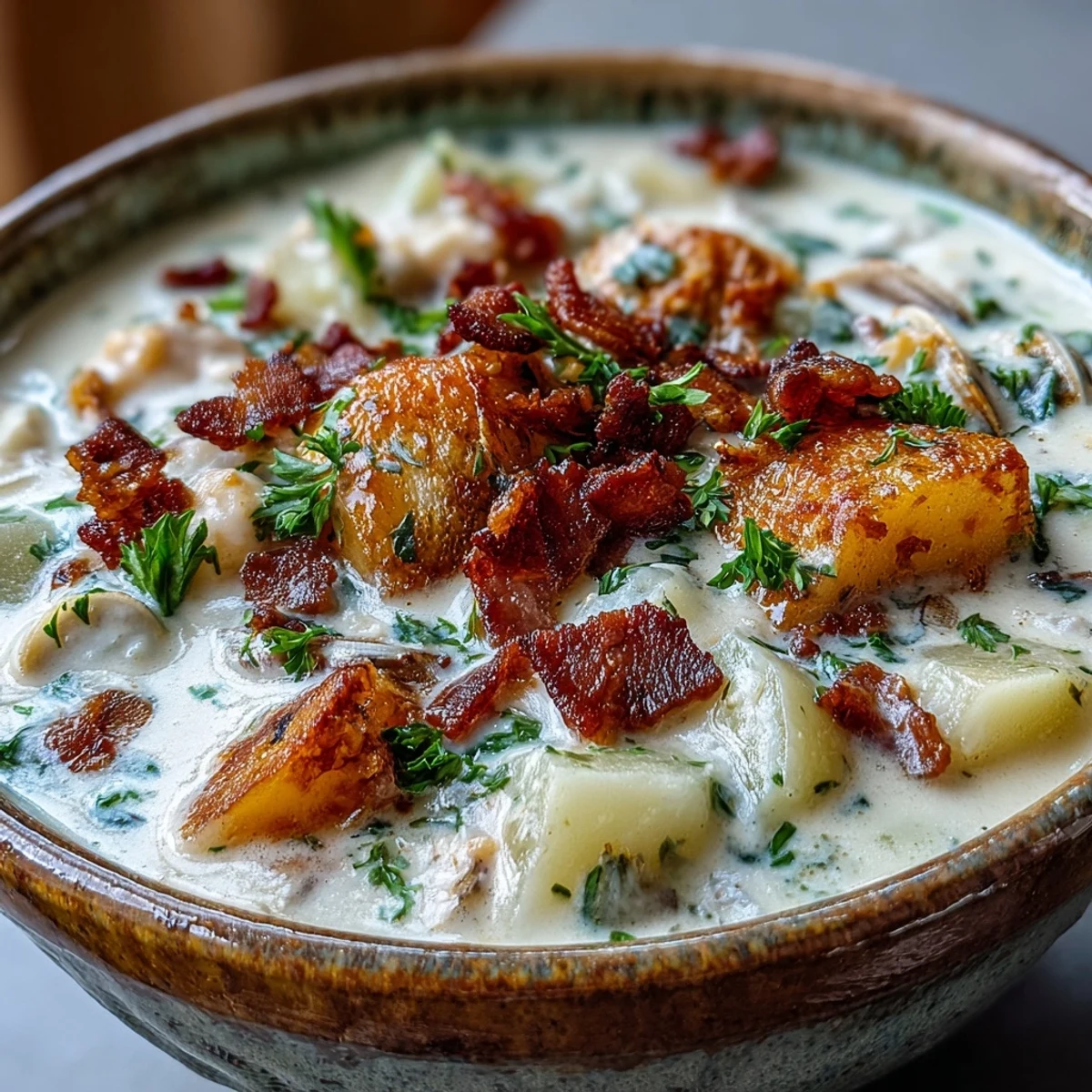 A warm bowl of New England Clam Chowder with creamy broth, tender potatoes, and fresh clams served with oyster crackers.  