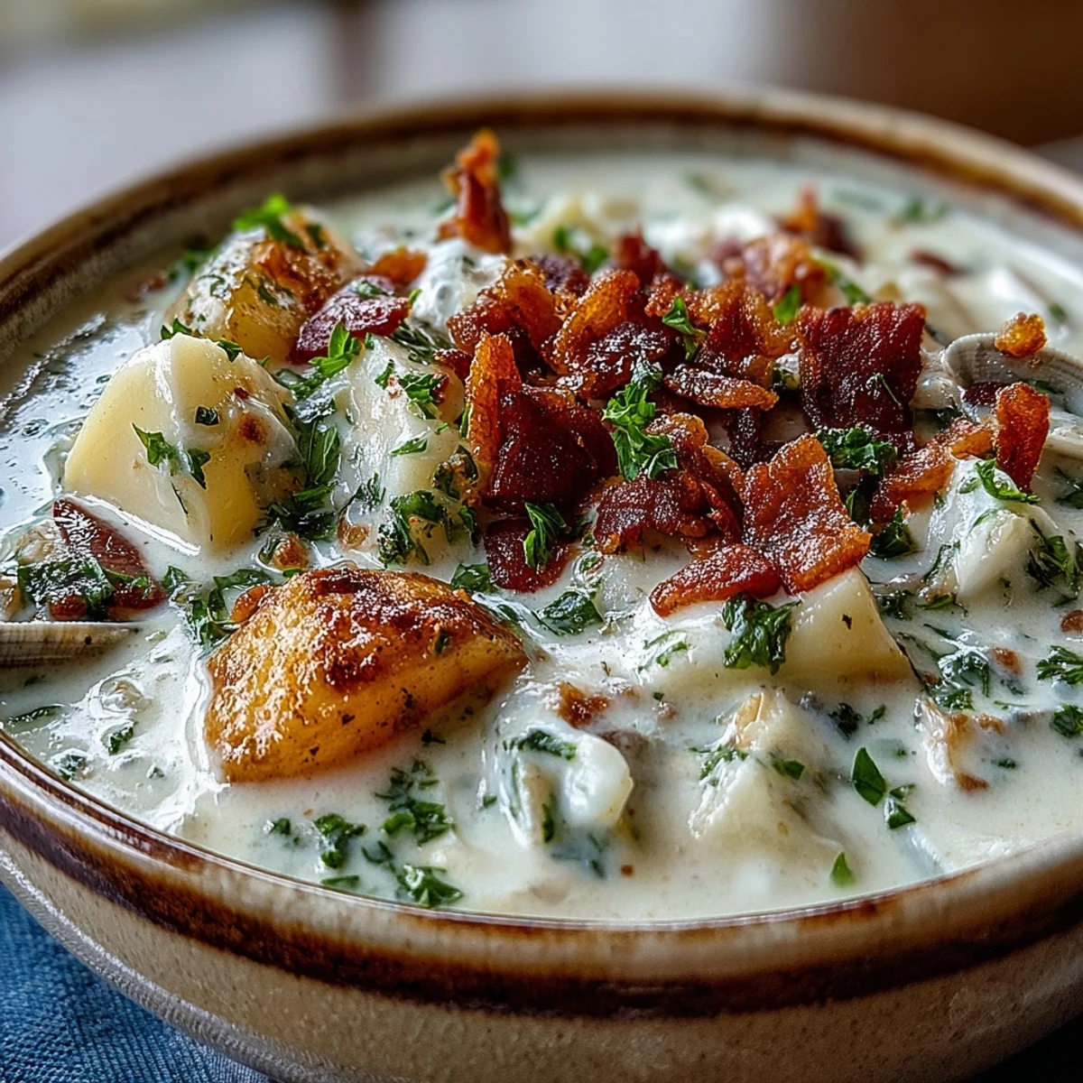 New England Clam Chowder steaming in a rustic mug, featuring diced clams, celery, and potatoes in a white, velvety base.  