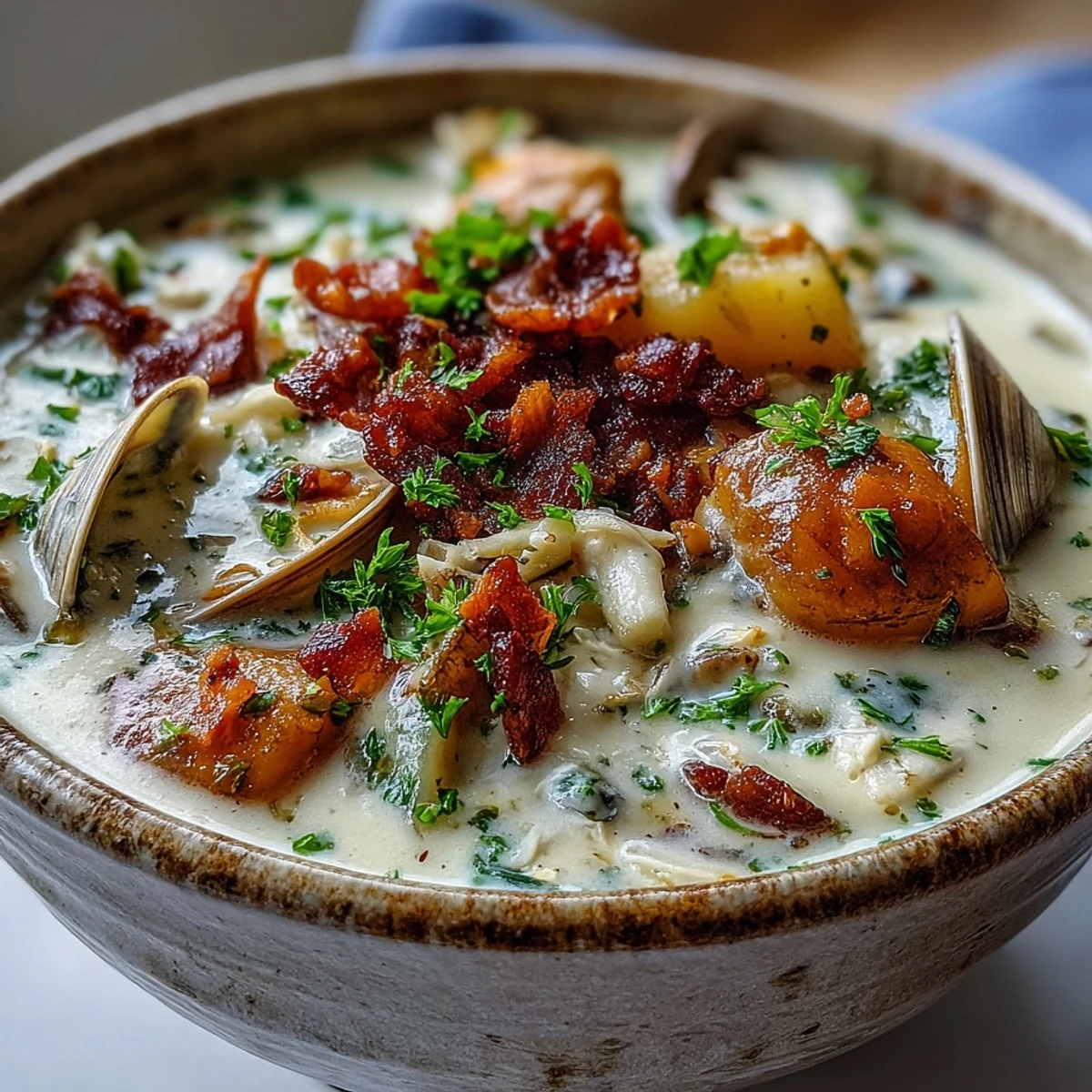Hearty New England Clam Chowder topped with crisp bacon bits and fresh parsley, ready to serve alongside crusty bread.