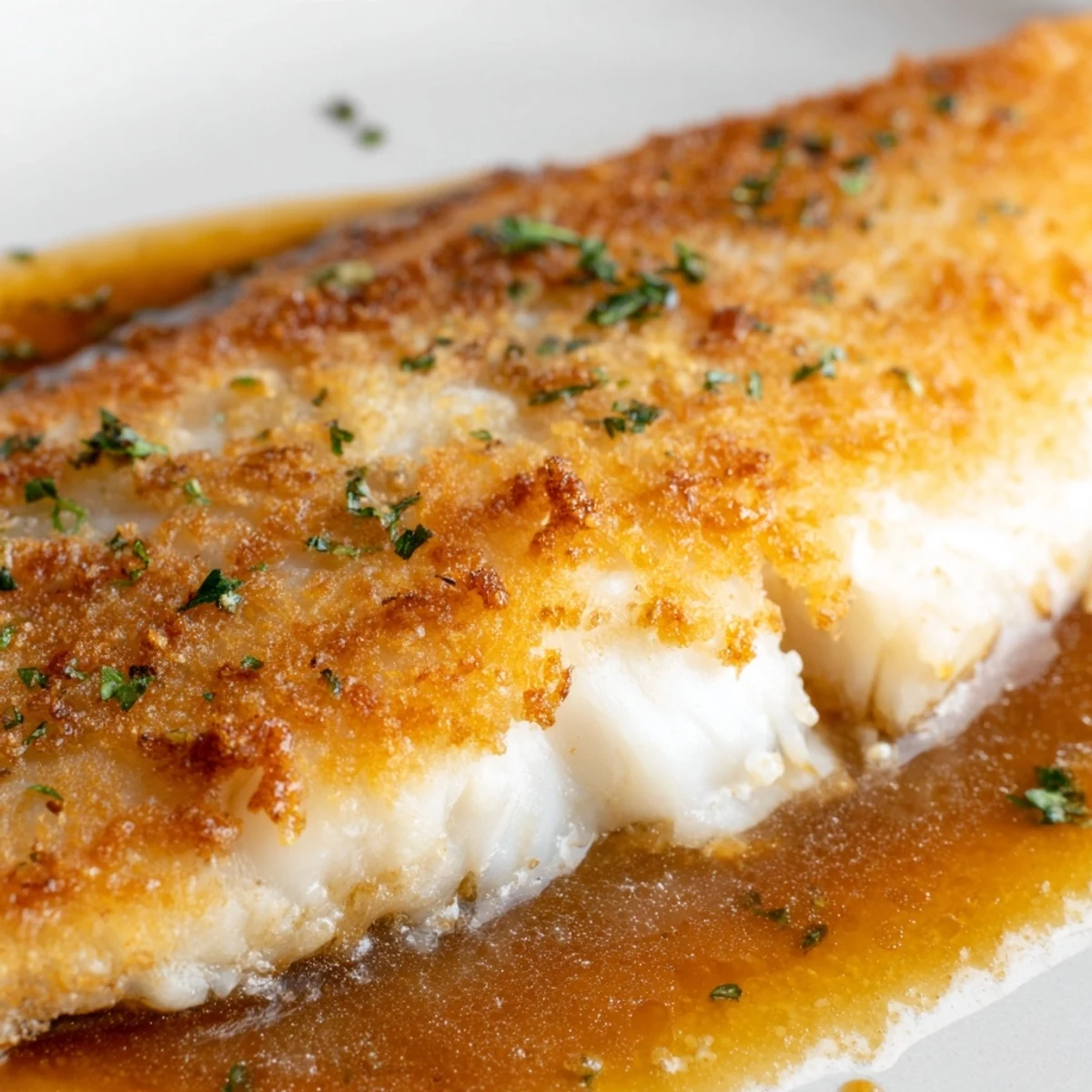 Flounder meunière fillets with crispy edges, drizzled with nutty brown butter sauce and fresh lemon juice.