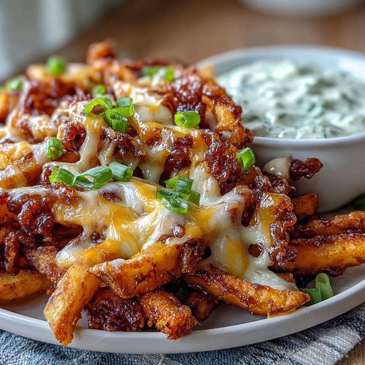 Golden, crispy BBQ-seasoned fries loaded with melted cheddar, topped with fresh green onions, and served alongside a creamy ranch dip.