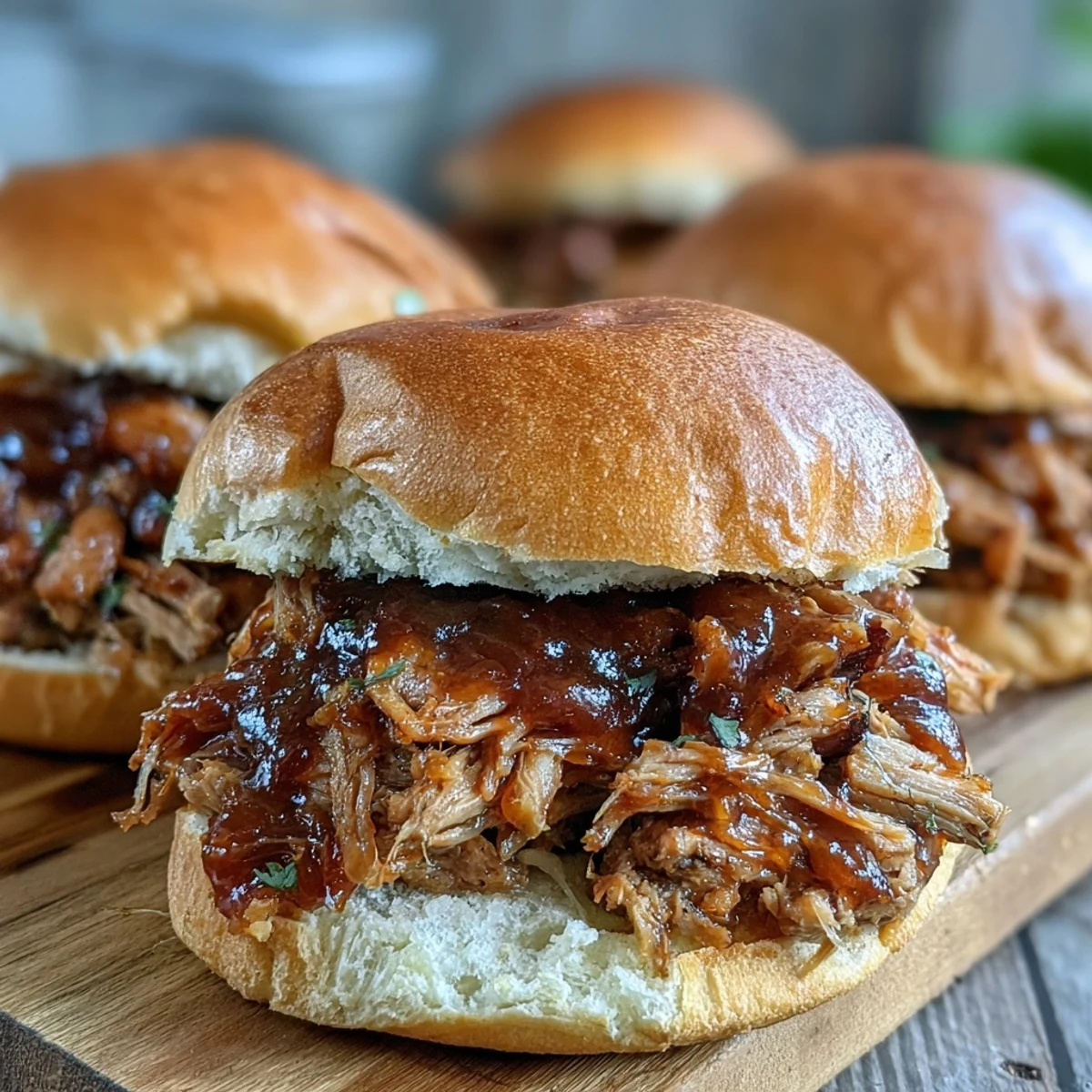 Steaming hot Applesauce Pulled Pork Sandwiches loaded onto toasted buns with melted butter sheen.