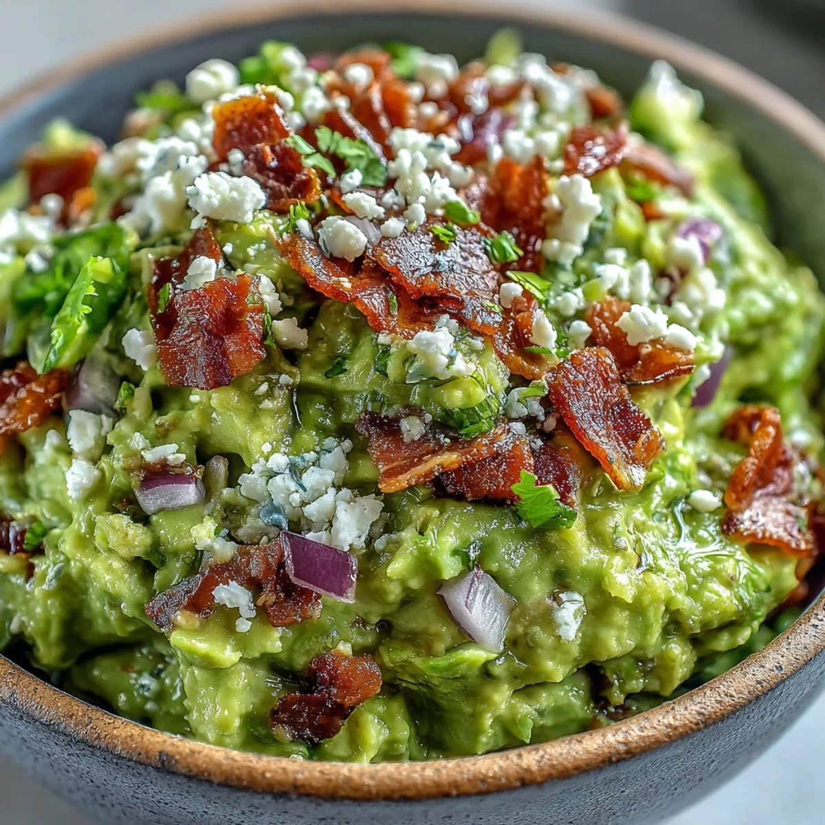 Homemade Bacon Guacamole With Cotija Cheese served warm with crunchy tortilla chips for dipping.