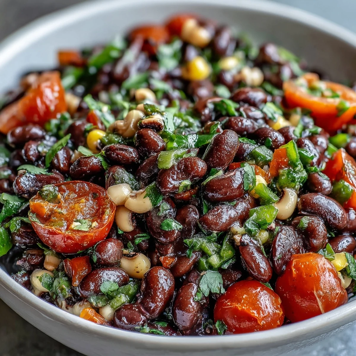 A vibrant bowl of Cowboy Caviar with black beans, corn, and red onion tossed in zesty lime dressing.