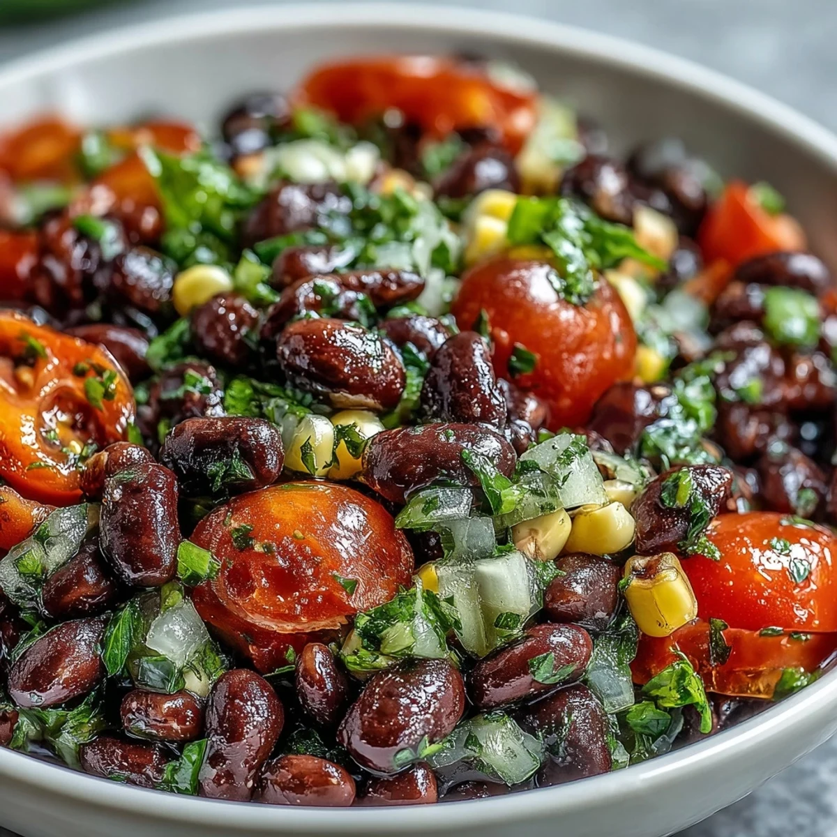 Close-up of colorful Cowboy Caviar salad, featuring diced bell peppers, tomatoes, and fresh cilantro garnish.